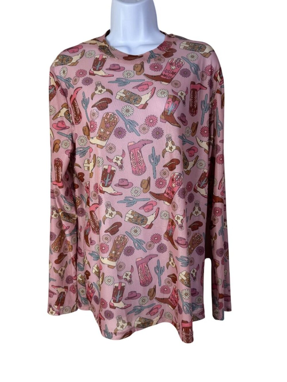 Turquoise Haven Western Mesh sheer Pink Long Sleeve Top Cowboy Boot Floral 2XL